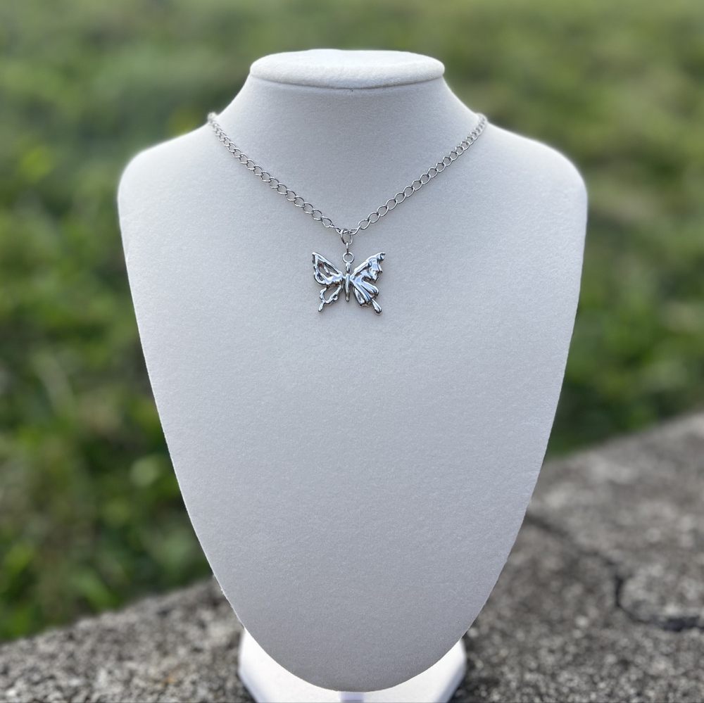 Drippy Silver Butterfly Pendant Necklace
